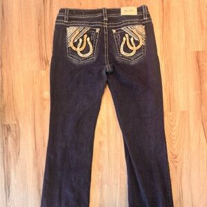 Miss Me Dark Blue low rise Boot Cut Jeans with Gold Embroidery